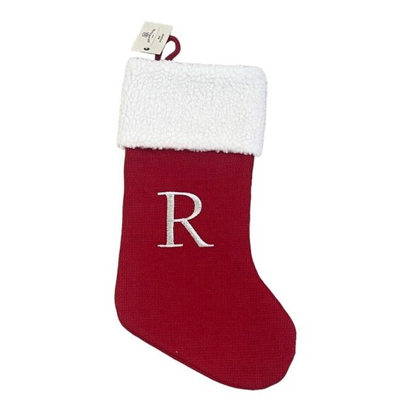 Christmas Knit Stocking 17" Red White Embroidered Letter R Cuff Bee & Willow NEW - Picture 4 of 9